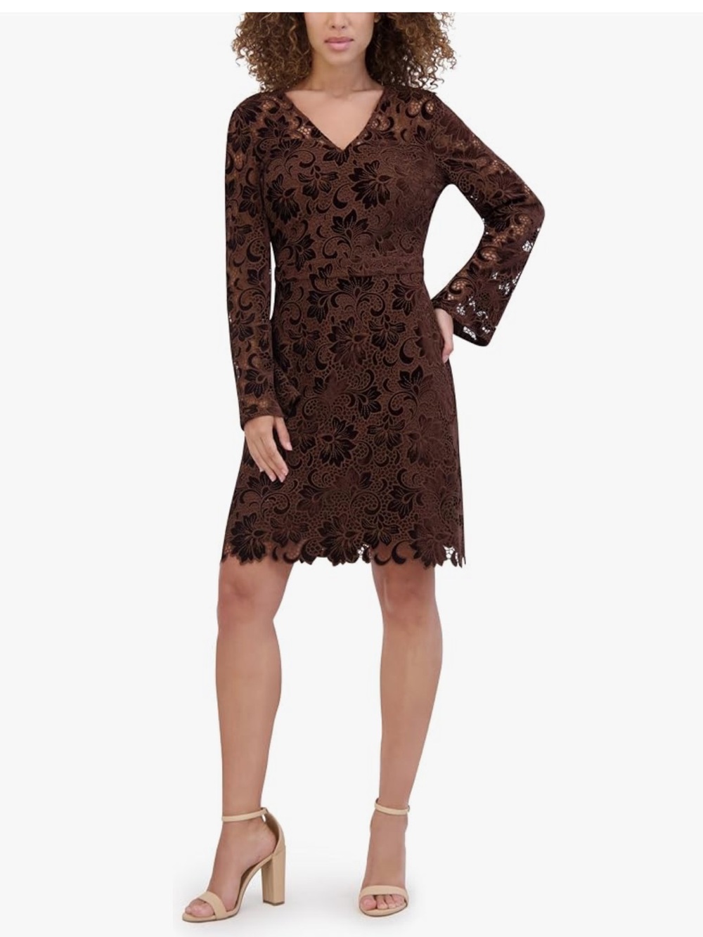 NWT Kensie Long Sleeve V Neck Velvet Lace Mini Sheath Dress - Brown 12